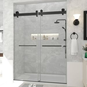 73 in. W x 78 in. H Double Sliding Door Frameless Corner Shower Enclosure in Matte Black with 5/16 in. Tempered Glass