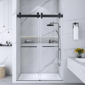 60 in. W x 78 in. H Double Sliding Frameless Glass Shower Door with Soft-Closing System in Matt Black with 5/16 in.