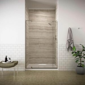 Revel 48 in. x 70 in. Frameless Pivot Shower Door in Anodized Brushed Nickel with Handle