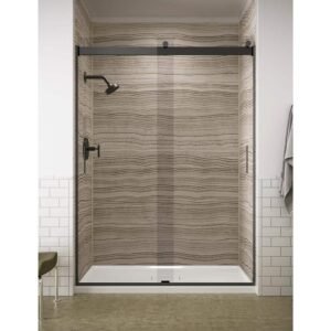 Levity 57-60 in. W x 82 in. H Frameless Sliding Shower Door in Anodized Dark Bronze with Blade Handles