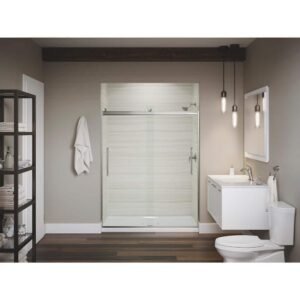 Elmbrook 55-60 in. W x 74 in. H Sliding Frameless Shower Door in Anodized Brushed Nickel with Crystal-Clear Glass