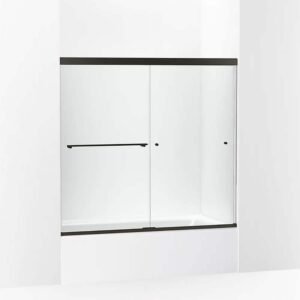 Revel 57- 60 in. x 56 in. Frameless Sliding Tub Door in Anodized Dark Bronze with Handle with Clear Glass
