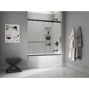 Elate 56-60 in. W x 57 in. H Sliding Frameless Tub Door in Matte Black with Crystal Clear Glass