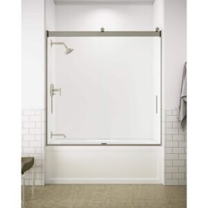 Levity 56-60 in. W x 62 in. H Semi-Frameless Sliding Tub Door in Nickel with Blade Handles