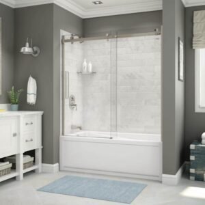 Utile 32 in. x 60 in. x 81 in. Bath and Shower Combo in Marble Carrara, New Town Left Drain, Halo Door Brushed Nickel