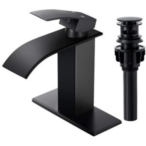 Waterfall Single Hole Single-Handle Low-Arc Bathroom Faucet With Pop-up Drain Assembly in Matte Black