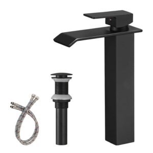 Waterfall Single Hole Single Handle Bathroom Vessel Sink Faucet With Pop-up Drain Assembly in Matte Black