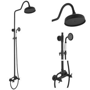 Double-Handle 2-Spray 8in Rainfall Shower Head Wall Bar Shower Kit with Hand Shower Mixer Shower System Taps, Black