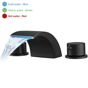 8 in. Widespread Waterfall Double Handle Three Holes Bathroom Faucet With Led Light in Matte Black