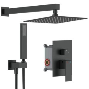 Single-Handle 2-Spray Square High Pressure 12 in. Shower Head with Hand Shower Faucet in Matte Black (Valve Included)