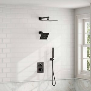 Multiple Press 12 in. Triple Handle 7-Spray Shower Faucet 2.5 GPM with Anti Scald in. Matte Black Valve Included