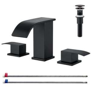 8 in. Widespread Double-Handle Waterfall Spout Bathroom Vessel Sink Faucet with Drain Kit Included in Matte Black