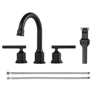 8 in. Widespread Stainless Steel Double Handle Bathroom Faucet with Pop Up Drain and Supply Hoses in Matte Black