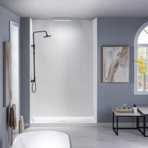 36 in. x 60 in. x 96 in. Solid Surface 3-Piece Easy Up Adhesive Alcove Shower Wall Surround in Matte White