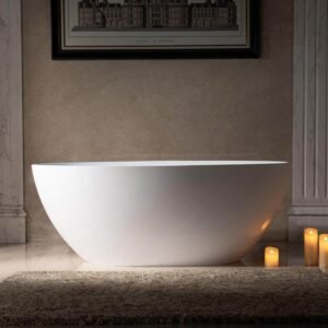 59 in. x 30.75 in. Solid Surface Stone Resin Soaking Bathtub with Center Drain in Matte White