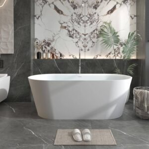 Foyil 63 in. Stone Resin Flatbottom Solid Surface Freestanding Double Slipper Soaking Bathtub in White with Brass Drain