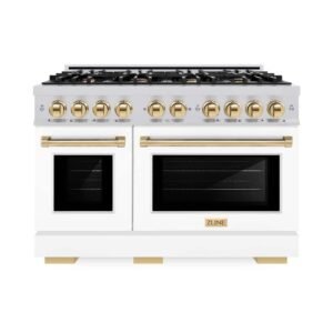 Select 48 in. 8-Burner Dual Fuel Range with Double Oven in Stainless Steel, Matte White, and Polished Gold