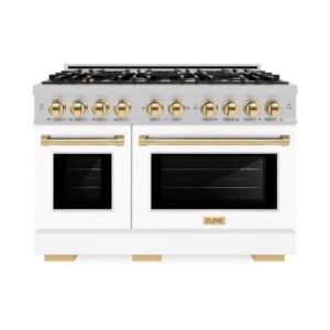 Select 48 in. 8-Burner Gas Range with Double Oven in Fingerprint Resistant Stainless Steel, Matte White and Gold