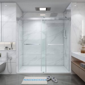 56-60.75 in. W x 76 in. H Double Sliding Frameless Soft Close Shower Door in Brushed Nickel with 3/8 in. Clear Glass