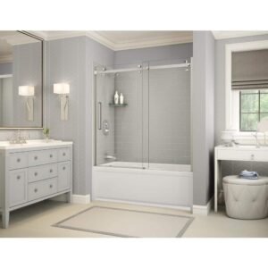 Utile Metro Soft Grey 60 in. x 32 in. x 81 in. Bath and Shower Combo, with New Town Left Drain, Halo Door Brushed Nickel