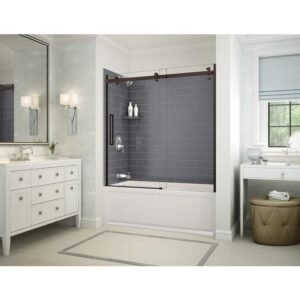 Utile Metro 32 in. x 60 in. x 81 in. Bath and Shower Combo in Thunder Grey, New Town Left Drain, Halo Door Dark Bronze
