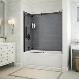 Utile Metro 32 in. x 60 in. x 81 in. Bath and Shower Combo in Thunder Grey, New Town Left Drain, Halo Door Matte Black