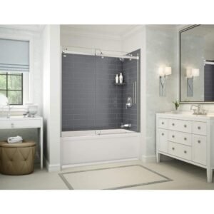 Utile Metro 32 in. x 60 in. x 81 in. Bath and Shower Combo in Thunder Grey, New Town Right Drain, Halo Door Chrome