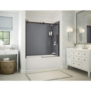 Utile Metro 32 in. x 60 in. x 81-in Bath and Shower Combo in Thunder Grey, New Town Right Drain, Halo Door Dark Bronze