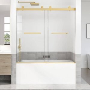 56-60 in. W x 66 in. H Double Sliding Frameless Tub Door in Brushed Gold with 5/16 in. (8 mm) Tempered Clear Glass