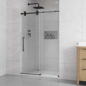 Reva 47.99 in. W x 74.02 in. H Sliding Frameless Shower Door with Clear Glass in Black