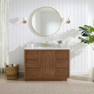 Cairo 48 in.W x 22 in.D x 33.9 in.H Single Bath Vanity in Oak Weathered Brown with Silk White Quartz Stone Top