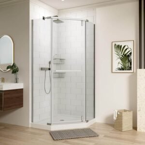 36 in. W x 72 in. H Neo-Angle Pivot Semi Frameless Corner Shower Enclosure in Chrome with Tampered Glass