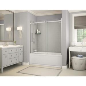 Utile Metro 30 in. x 59.8 in. x 81.4 in. Left Drain Alcove Bath and Shower Kit in Soft Grey with Chrome Door