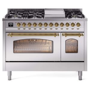 Nostalgie II 48 in. 8-Burner Plus Griddle Double Oven Natural Gas Dual Fuel Range in Stainless Steel with Brass Trim
