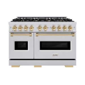 Classic 48 in. 8-Burner Gas Range with Double Oven in Stainless Steel and Polished Gold