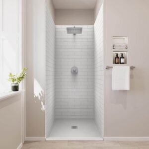 36 in. x 36 in. x 84 in. Solid Composite Stone Shower Kit - Subway Shower Walls and Cntr WH Sand Shower Pan Base