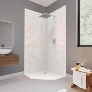 Corner Neo 37 in. x 37 in. x 84 in. Solid Composite Stone Shower Kit - Subway Shower Walls and WH Sand Shower Pan Base