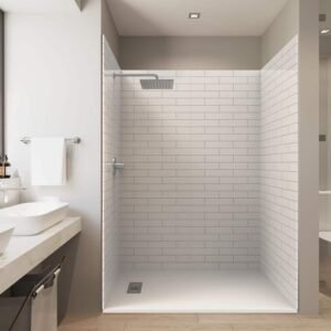 60 in. x 36 in. x 84 in. Solid Composite Stone Alcove Shower Kit - Subway Shower Walls and L/R WH Sand Shower Pan Base