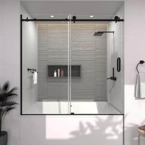60 in. W. x 60 in. H Sliding Semi Frameless Tub Door in Matte Black Finish with Clear Glass