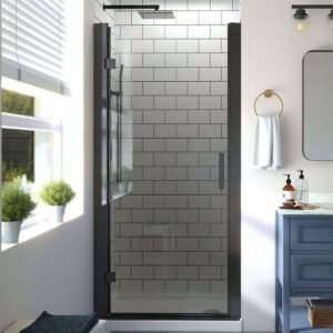 34 in. to 36 in. W x 72 in. H Pivot Hinged Swing Frameless Shower Door in Black with Clear Glass