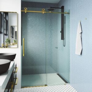 Elan Cass Aerodynamic 56 to 60 in. W x 76 in. H Sliding Frameless Shower Door in Matte Gold with 3/8 Clear Glass