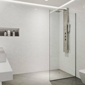 Zenith 34 in. W x 74 in. H Frameless Fixed Shower Screen Door in Stainless Steel with 3/8 in. (10mm) Clear Glass