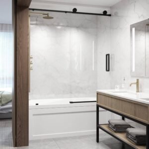 Elan 56 to 60 in. W x 66 in. H Frameless Sliding Tub Door with VMotion in Matte Black with Clear Glass