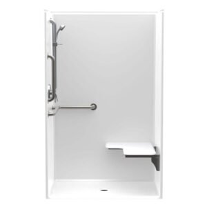 Accessible AcrylX 46 in. x 36 in. x 75.3 in. 1-Piece ANSI Shower Stall with Right Seat and Grab Bars in White