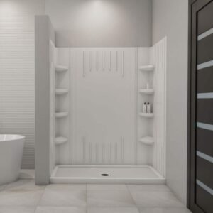 SlimLine 60 in. x 32 in. Single Threshold Shower Pan Base in White with Center Drain and Back Walls