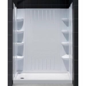 Slimline 60 in. x 32 in. Single Threshold Shower Base in White with Left Hand Drain Base and Back Walls