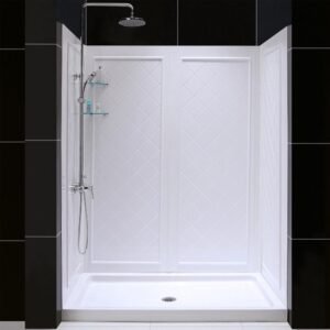 SlimLine 60 in. x 34 in. Single Threshold Shower Pan Base in White Center Drain Pan Base with Back Walls