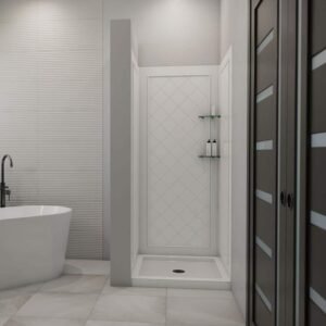SlimLine 32 in. x 32 in. Single Threshold Shower Pan Base in White Center Drain Pan Base with Back Walls