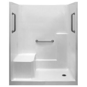 Liberty 60 in. x 33 in. x 77 in. AcrylX 1-Piece Shower Wall and Shower Pan in White with 3 Loose Grab Bars, Left Seat