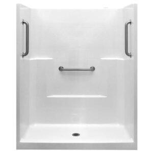 Liberty 60 in. x 33 in. x 77 in. AcrylX 1-Piece Shower Wall and Shower Pan in White with 3 Loose Grab Bars,Center Drain